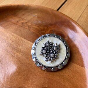 Sunflower Round Scarf Clip Silver-Tone Mother of Pearl Inlay Vintage W. Germany